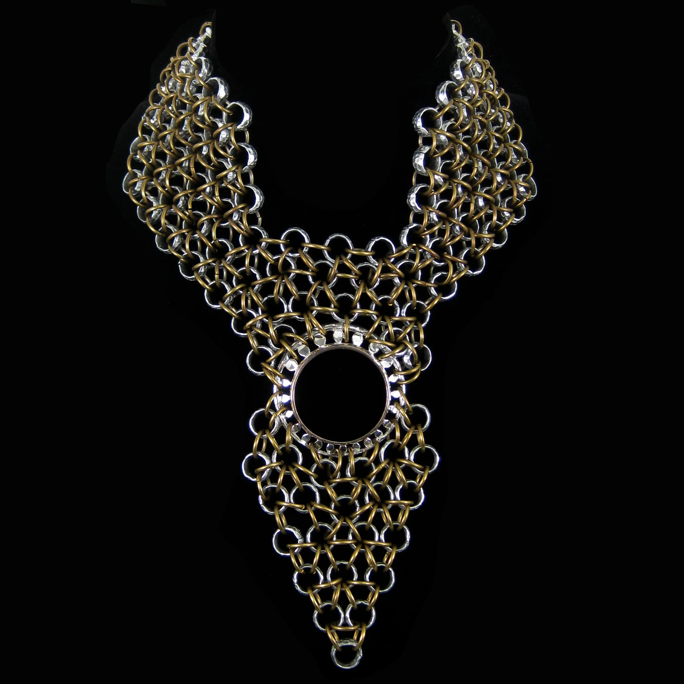 #976n Silver & Gold Tone Chain Mail Bib Necklace