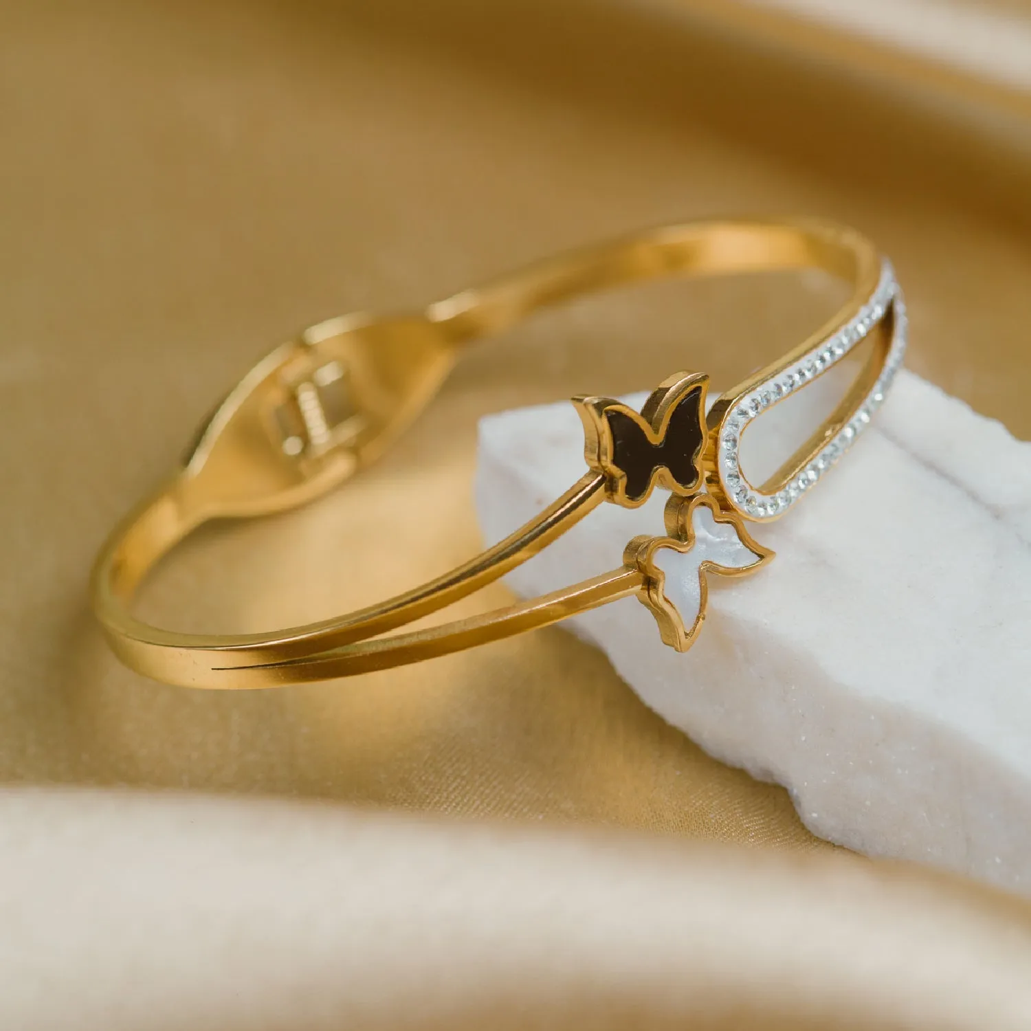 Artklim Gold Plated White And Black Butterfly Bangle Bracelet