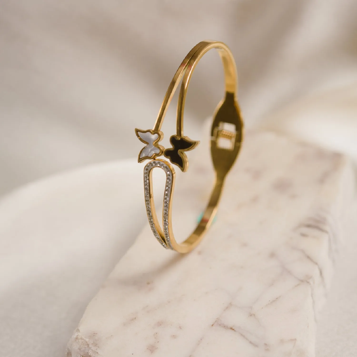 Artklim Gold Plated White And Black Butterfly Bangle Bracelet