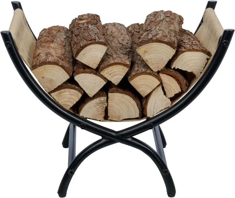 Black Metal Beige Canvas Trough Style Firewood Rack, Freestanding Compact Wood Storage, Split Log and Kindling Holder