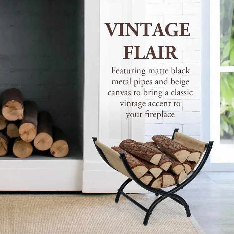 Black Metal Beige Canvas Trough Style Firewood Rack, Freestanding Compact Wood Storage, Split Log and Kindling Holder