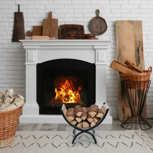 Black Metal Beige Canvas Trough Style Firewood Rack, Freestanding Compact Wood Storage, Split Log and Kindling Holder