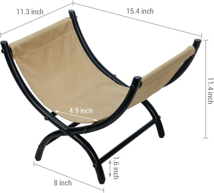 Black Metal Beige Canvas Trough Style Firewood Rack, Freestanding Compact Wood Storage, Split Log and Kindling Holder