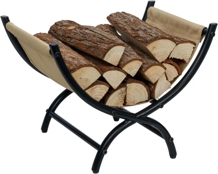 Black Metal Beige Canvas Trough Style Firewood Rack, Freestanding Compact Wood Storage, Split Log and Kindling Holder