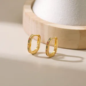 Classic Gold-Plated Oval Hoop Earrings with Multi-Color Stones-jlt11733