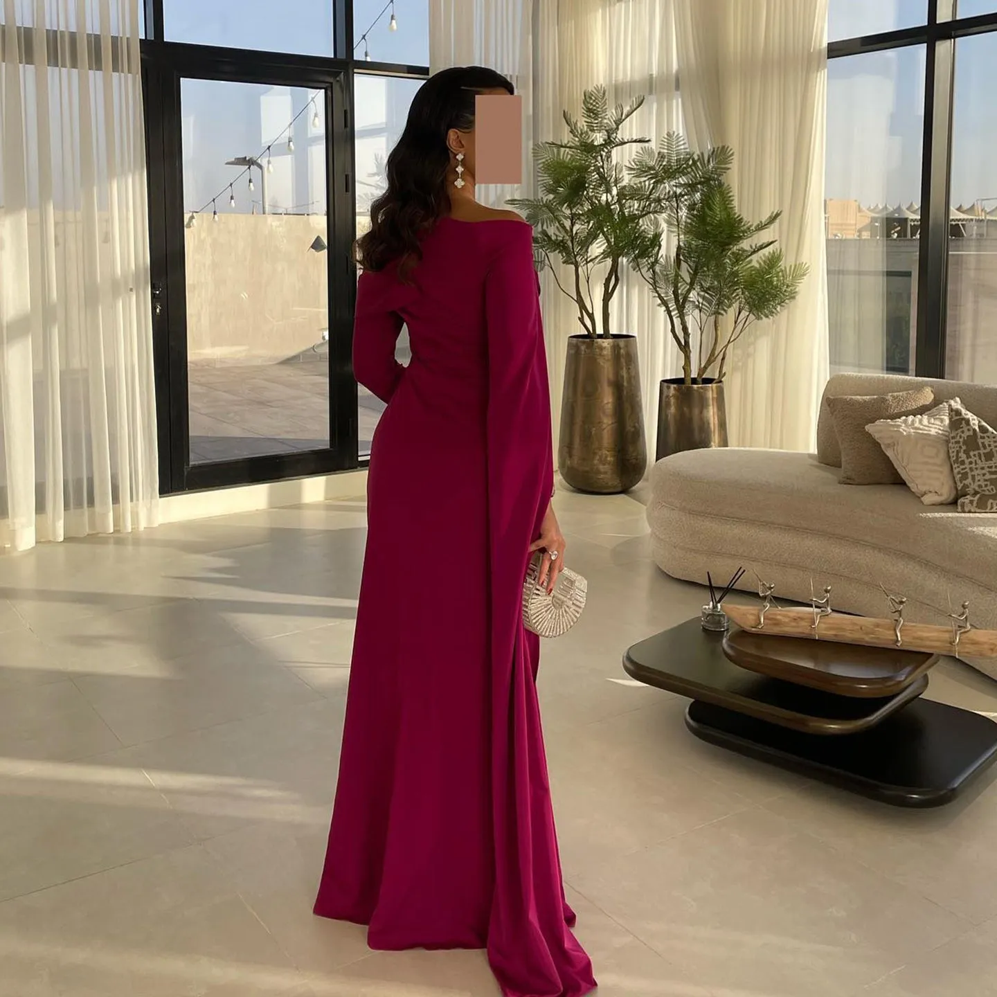 Elegant Fuchsia One Shoulder Evening Dress with Cape SF074