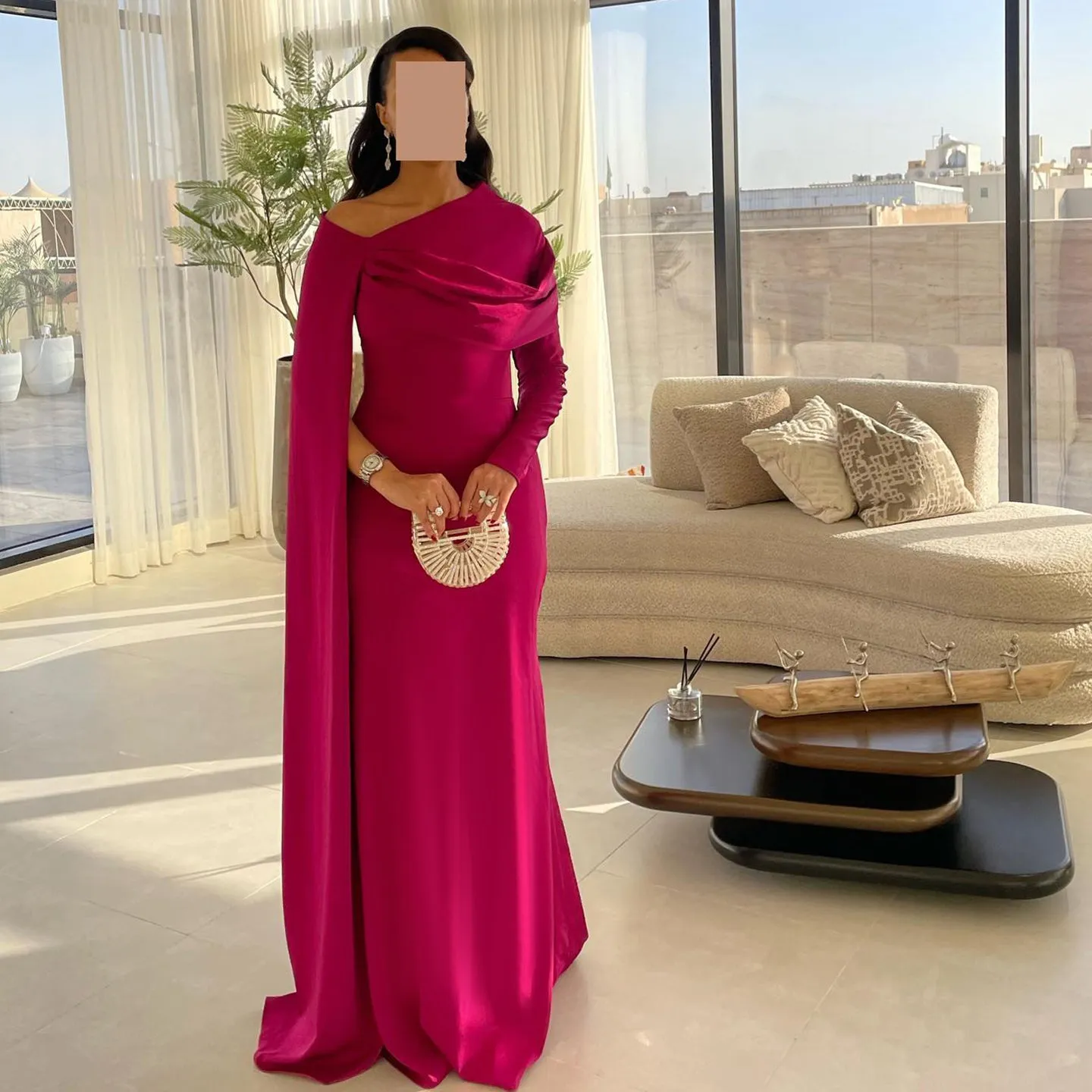 Elegant Fuchsia One Shoulder Evening Dress with Cape SF074