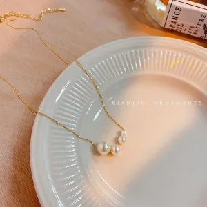 Gold-Plated Pearl Necklace with Triple Pearl Cluster – Elegant Minimalist Jewelry-jltn0539