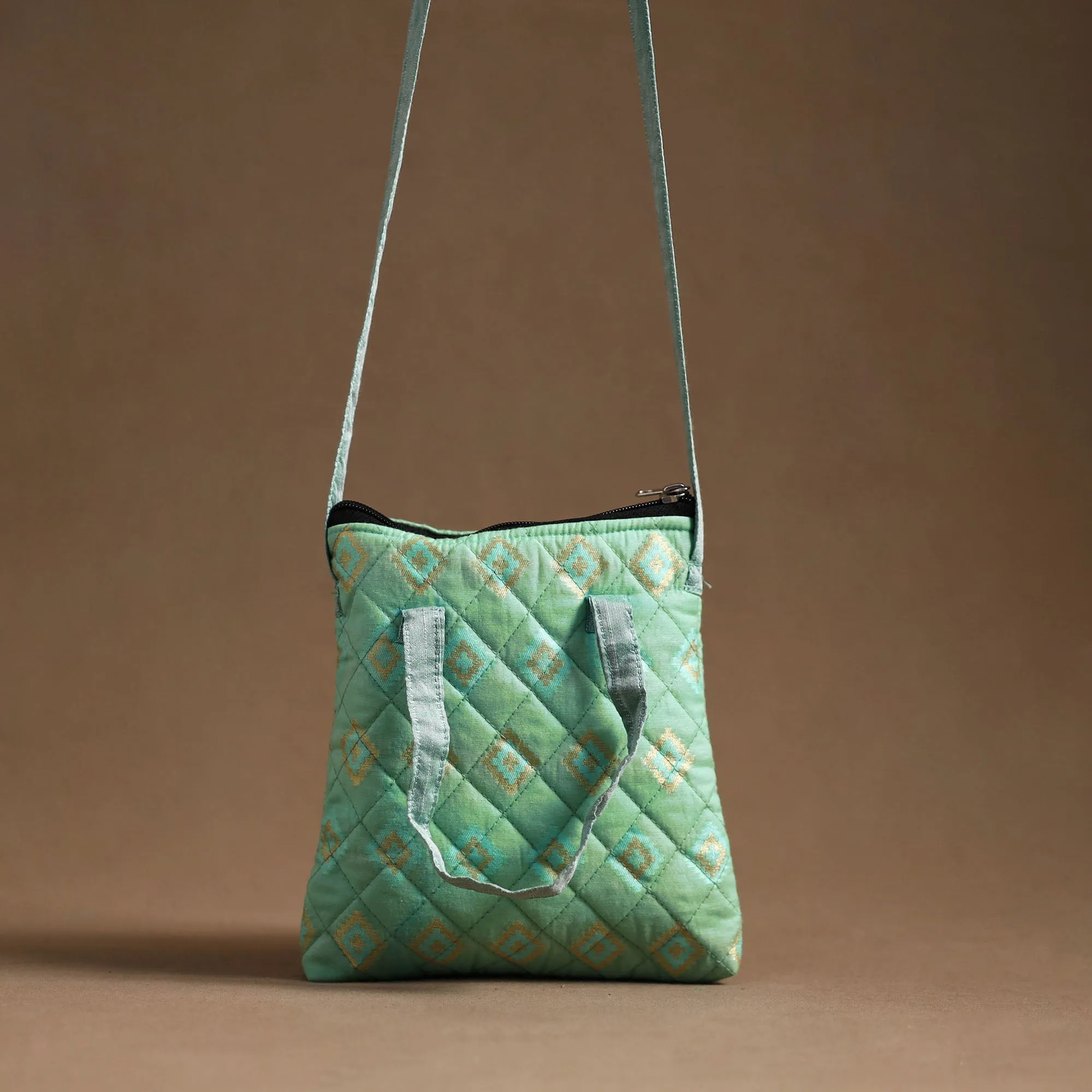 Green - Handcrafted Quilted Silk Sling Bag 08