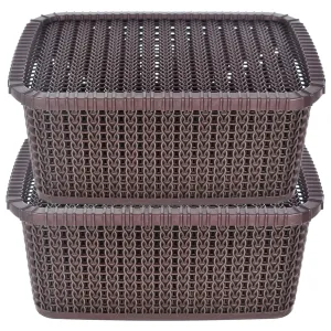 Heart Home Multipurposes Large M 20 Plastic Basket, Organizer For Kitchen, Countertops, Cabinets, Bathroom With Lids- Pack of 2 (Brown) -46HH064