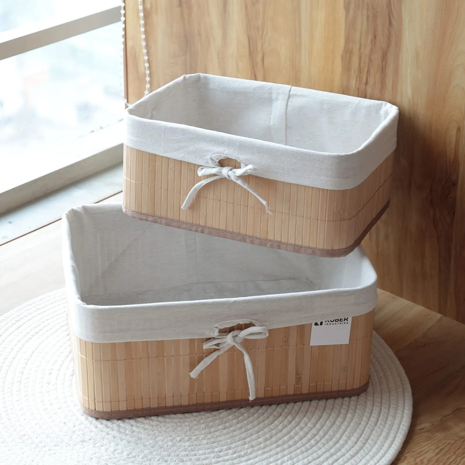 Kuber Industries Pack of 2 Bamboo Storage Basket With Liner|Fodable Storage Organizer|Box For Cloth, Toiletry, Bathroom|Capacity 17L, 10.6L|Natural|