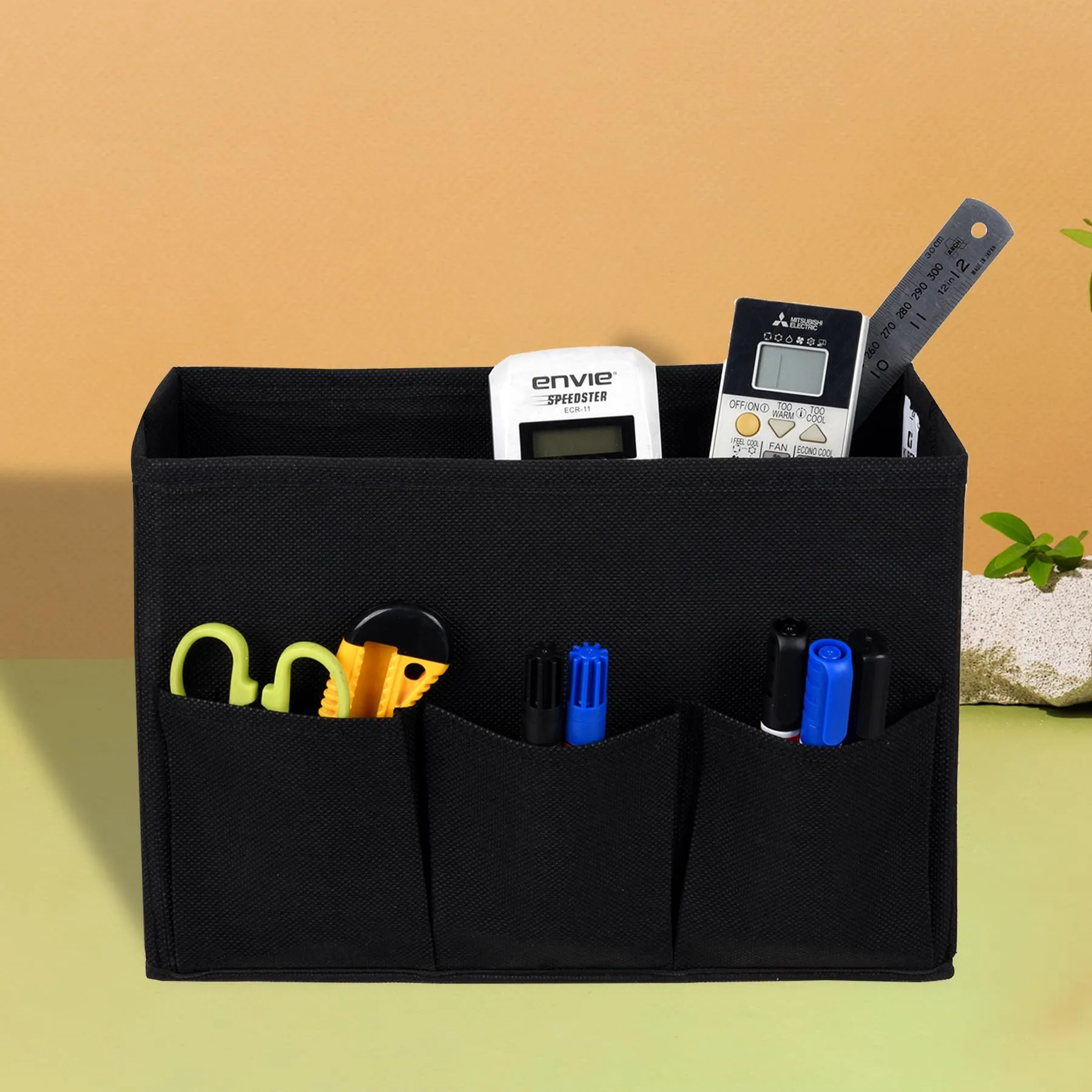 Kuber Industries Stationary Box | Non-Woven Files Organizer for Office | Desk Organizer | Stationary Organizer for Kids Room with 3 Compartment | Plain Storage Box | Small | Black