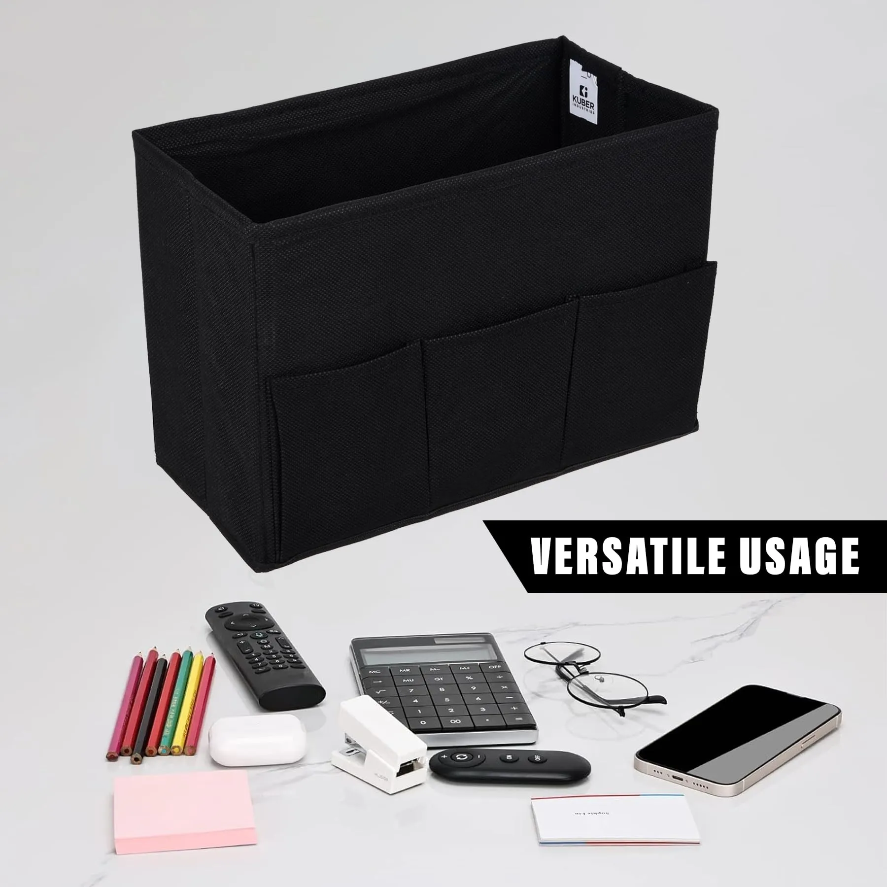 Kuber Industries Stationary Box | Non-Woven Files Organizer for Office | Desk Organizer | Stationary Organizer for Kids Room with 3 Compartment | Plain Storage Box | Small | Black