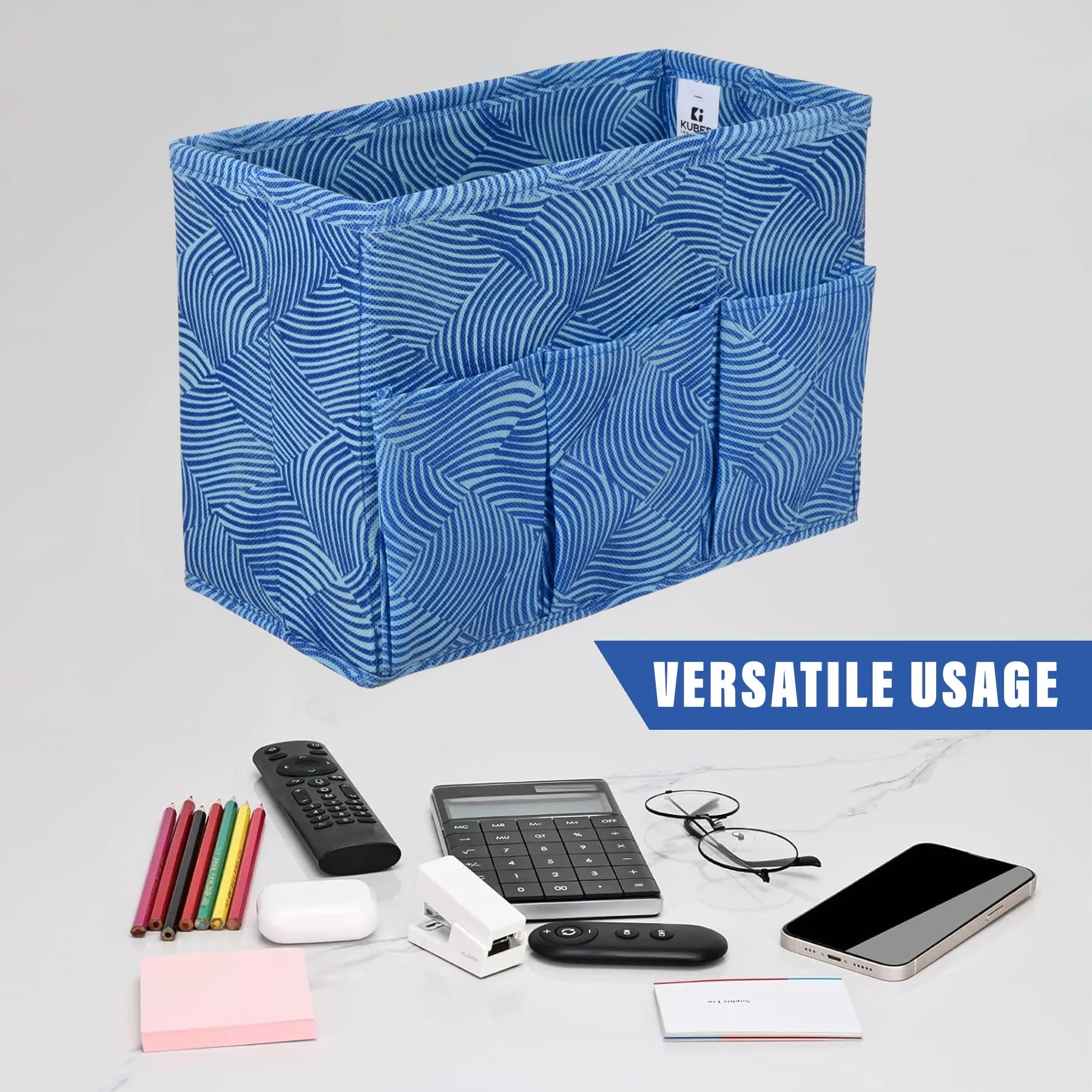 Kuber Industries Stationary Box | Non-Woven Files Organizer for Office | Desk Organizer | Stationary Organizer for Kids Room with 3 Compartment | Zig Zag Storage Box | Small | Blue