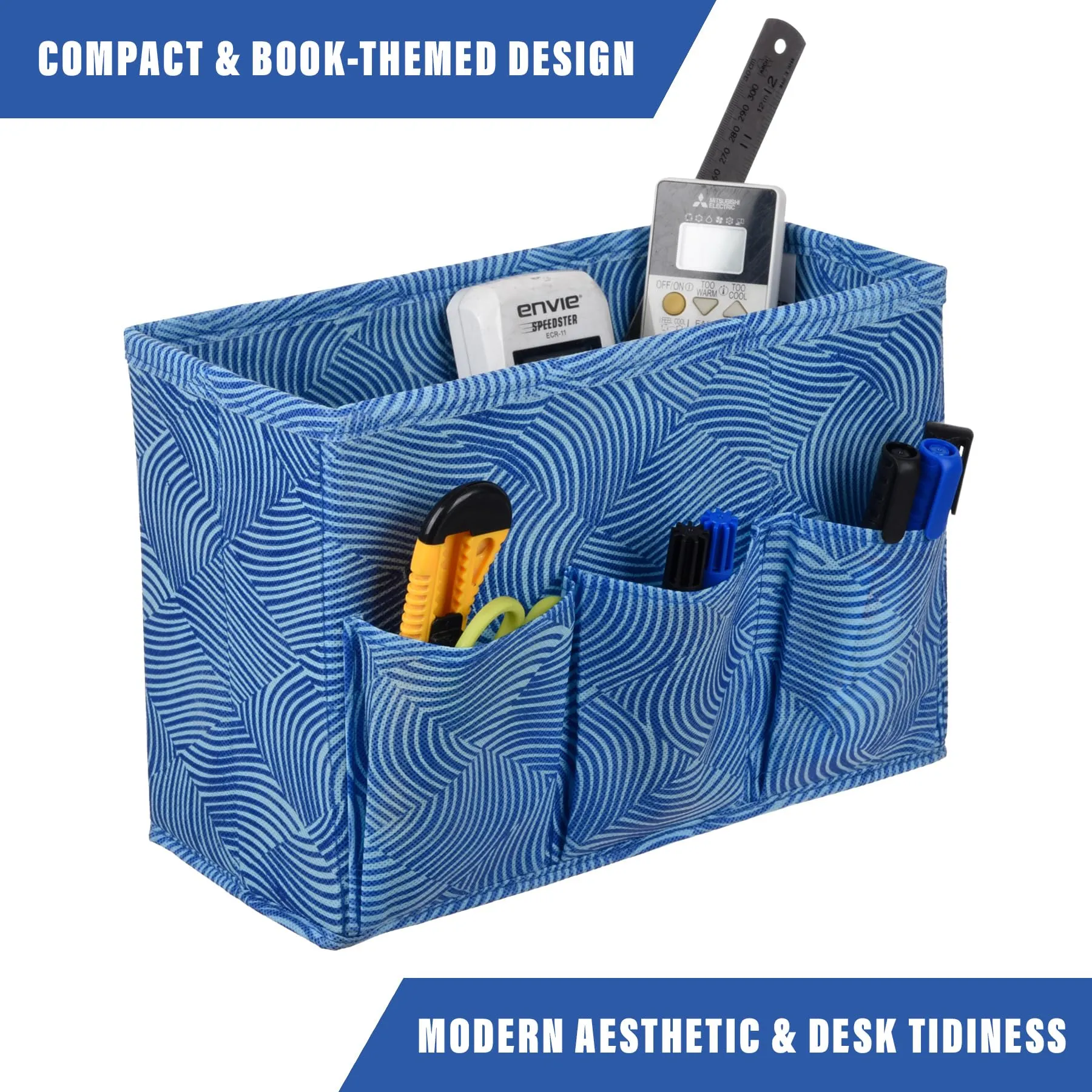 Kuber Industries Stationary Box | Non-Woven Files Organizer for Office | Desk Organizer | Stationary Organizer for Kids Room with 3 Compartment | Zig Zag Storage Box | Small | Blue