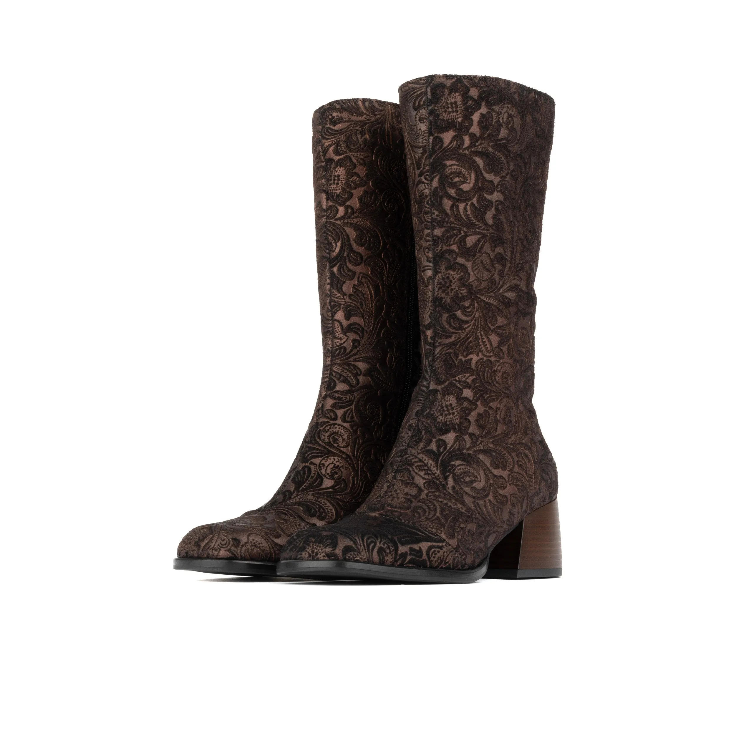 Leticia - Burgundy Emboss - Women's leather tall shaft boot in block heel & square toe
