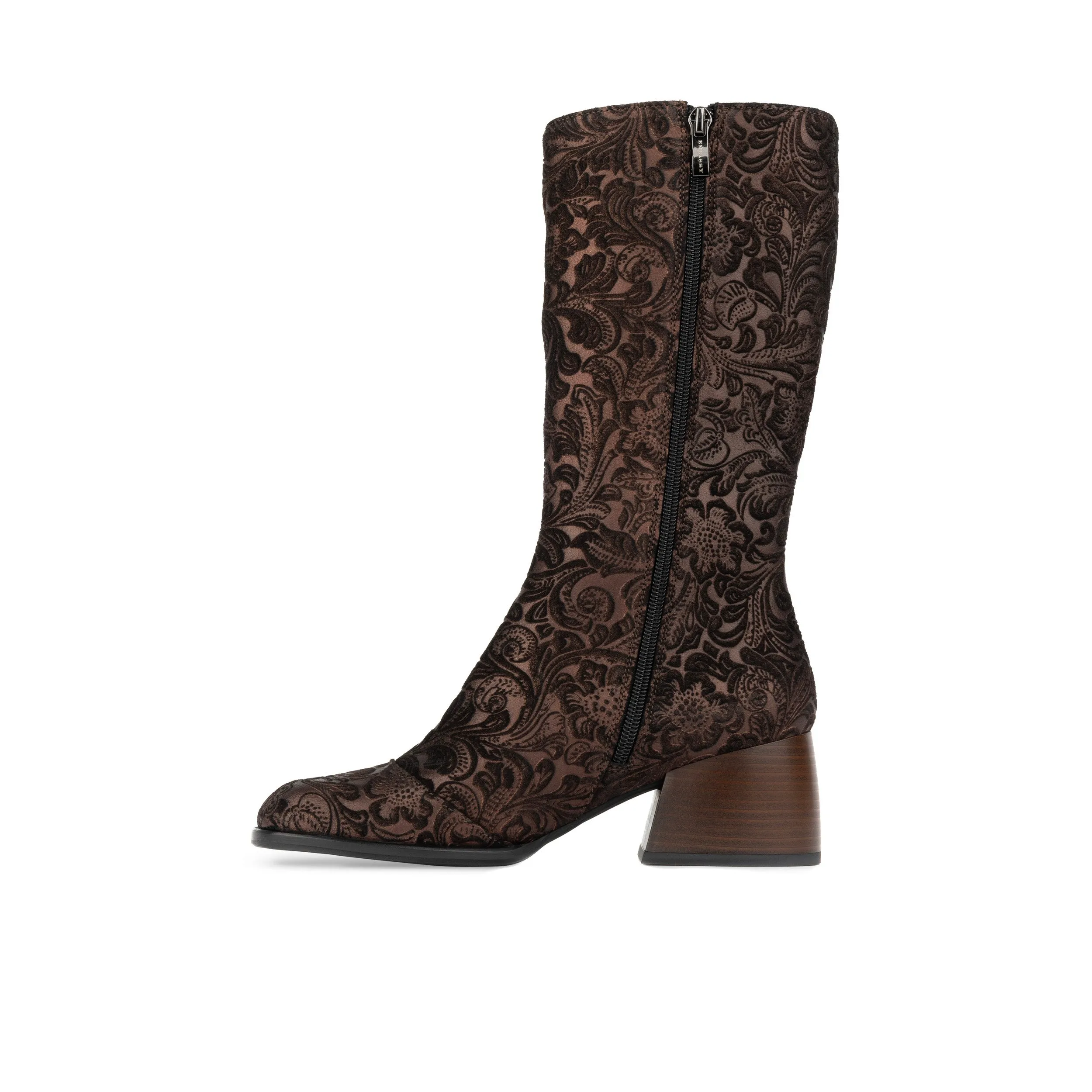 Leticia - Burgundy Emboss - Women's leather tall shaft boot in block heel & square toe