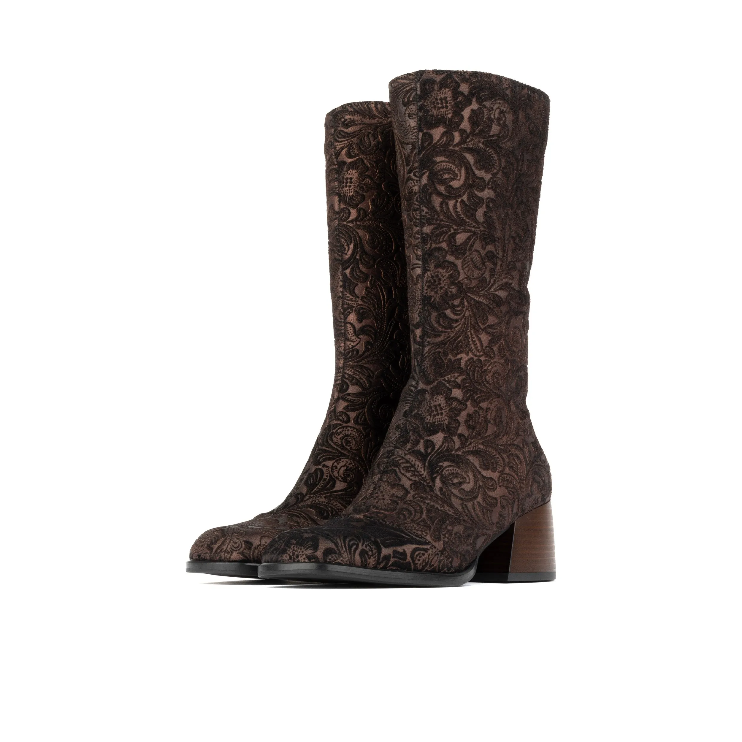 Leticia - Burgundy Emboss - Women's leather tall shaft boot in block heel & square toe