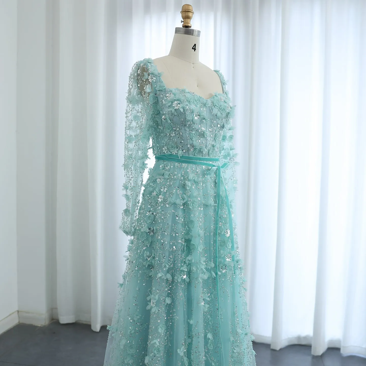Luxury 3D Flower Gray Long Sleeves Evening Dress SS353