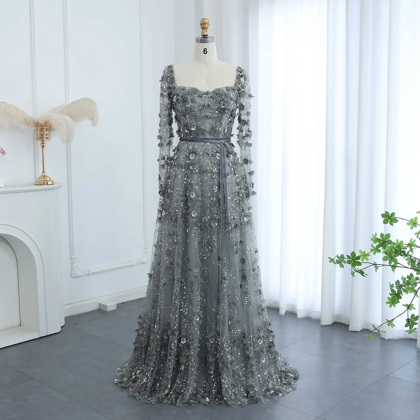 Luxury 3D Flower Gray Long Sleeves Evening Dress SS353
