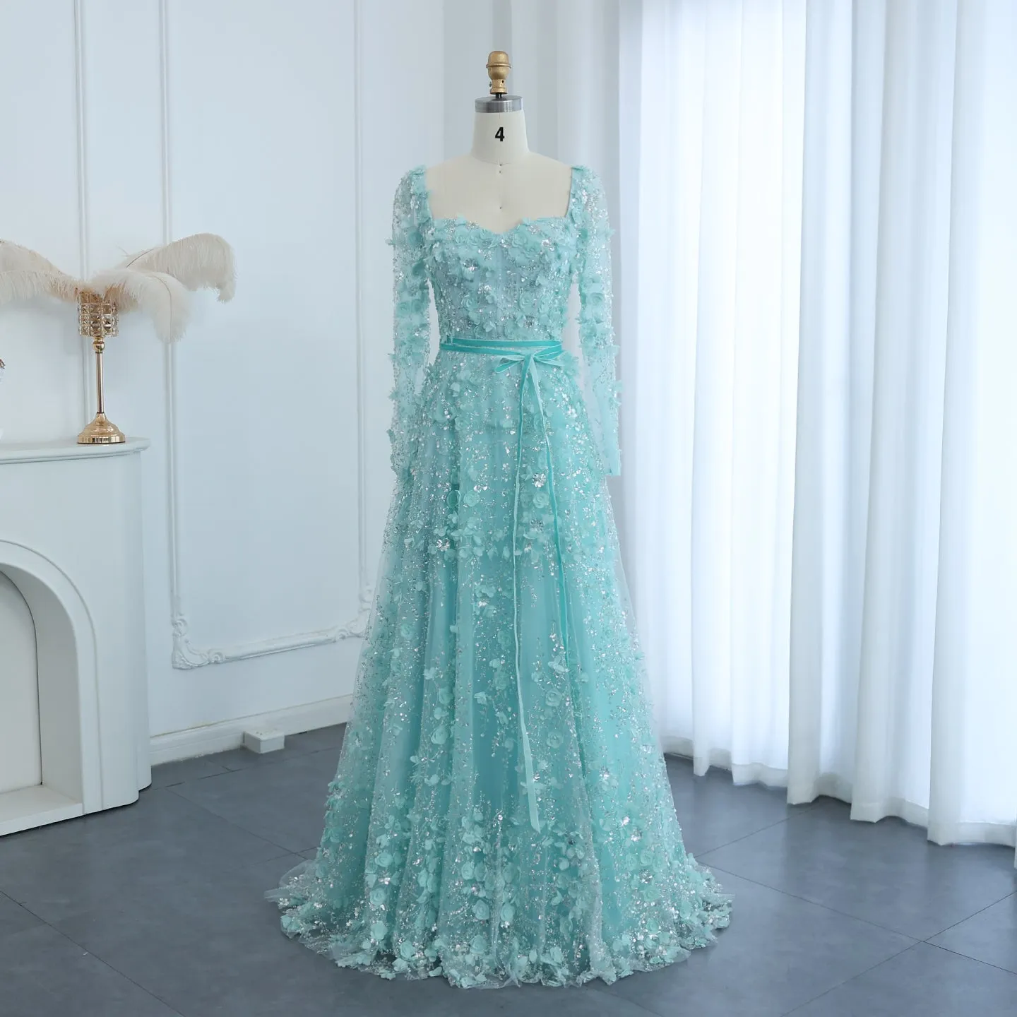 Luxury 3D Flower Gray Long Sleeves Evening Dress SS353