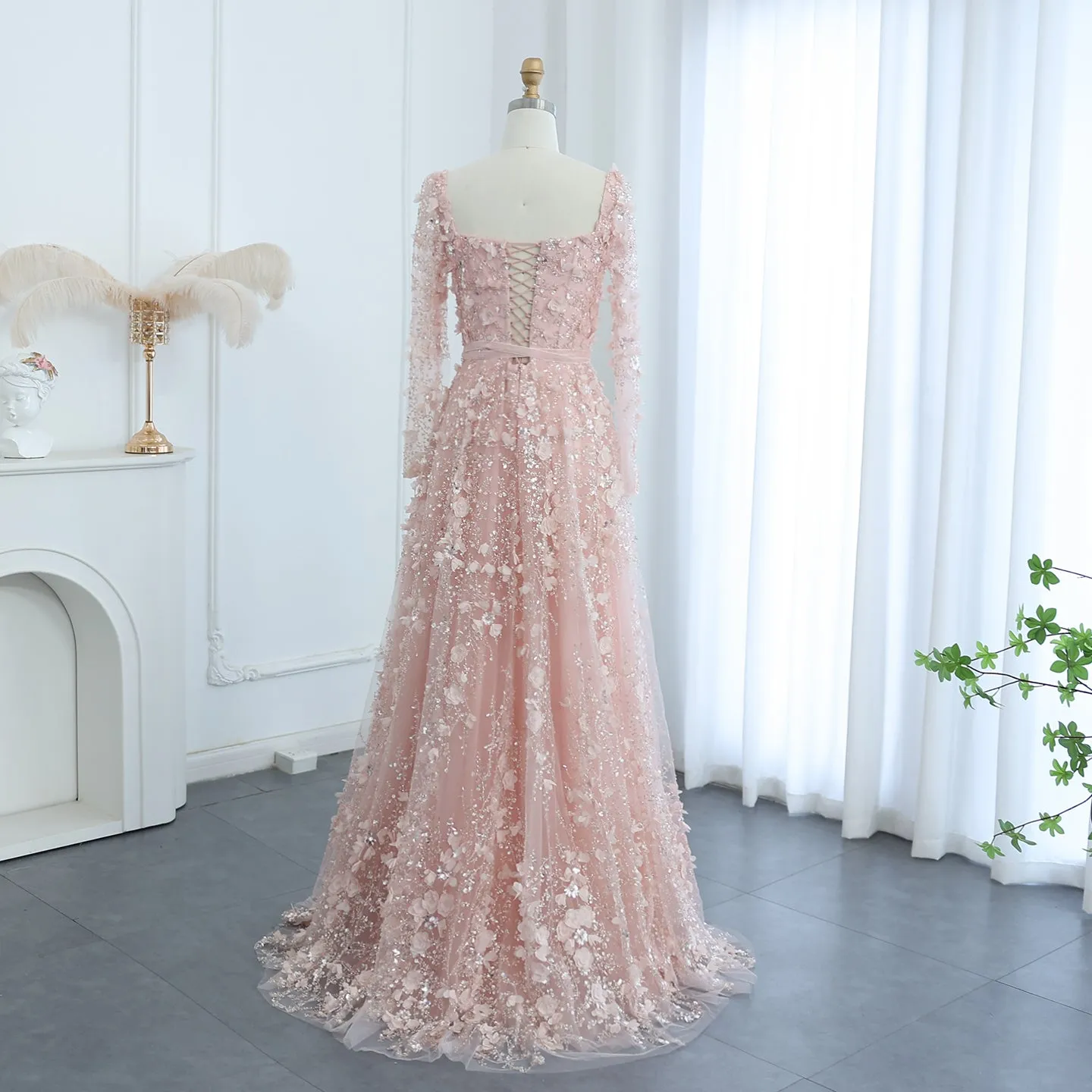 Luxury 3D Flower Gray Long Sleeves Evening Dress SS353