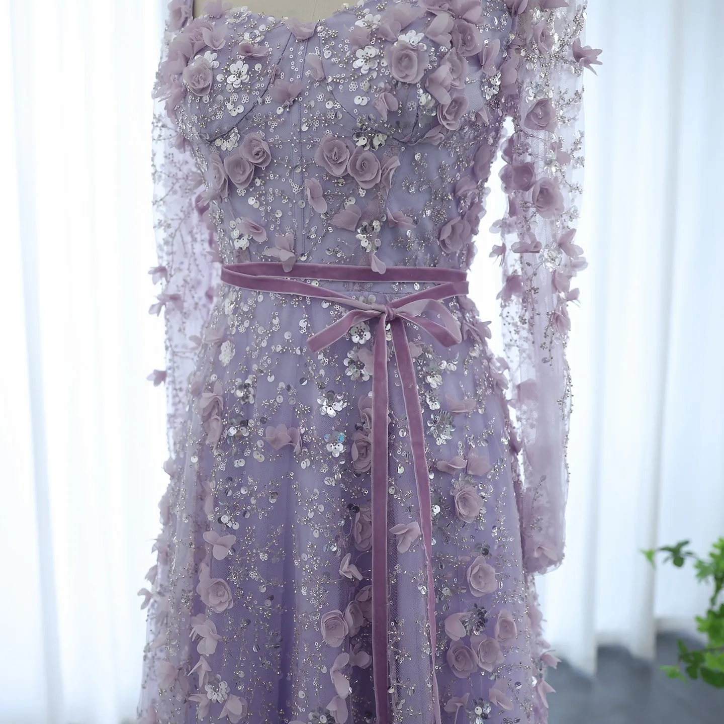 Luxury 3D Flower Gray Long Sleeves Evening Dress SS353
