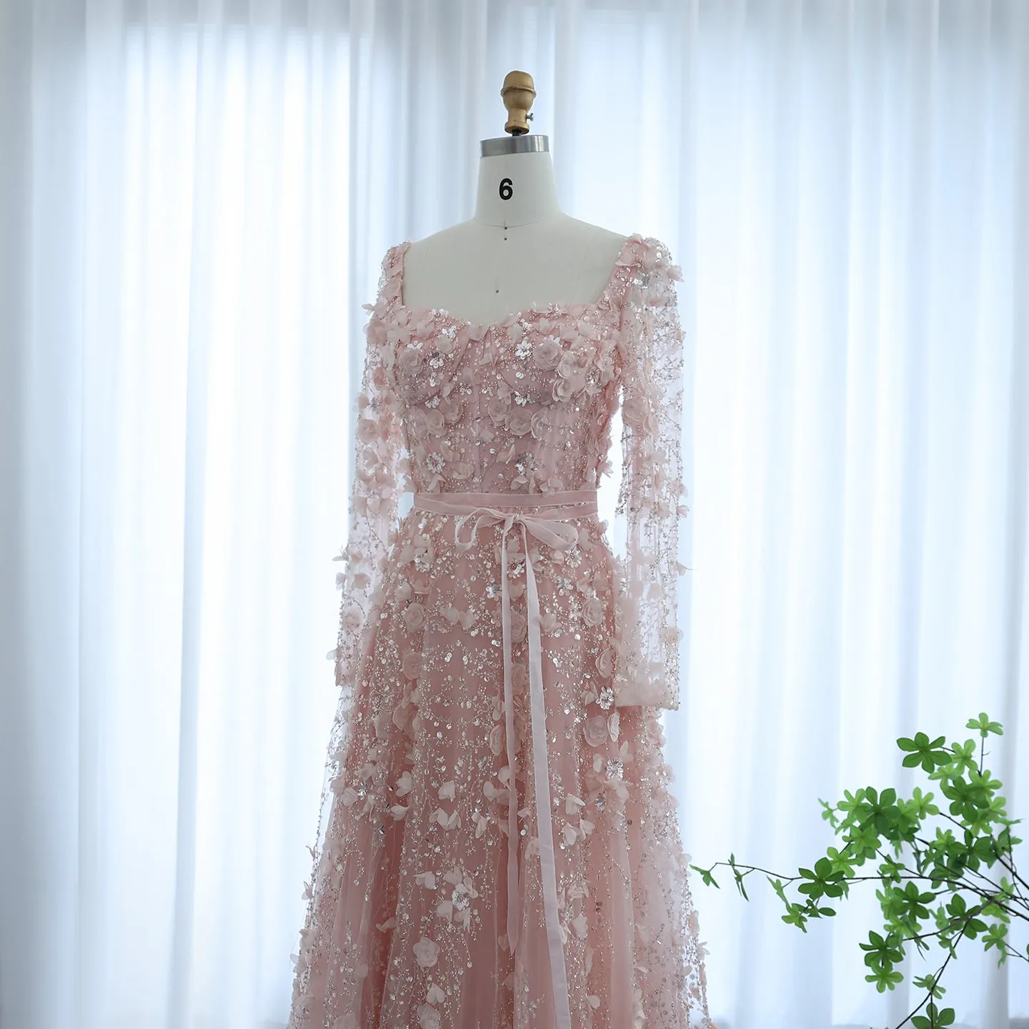 Luxury 3D Flower Gray Long Sleeves Evening Dress SS353