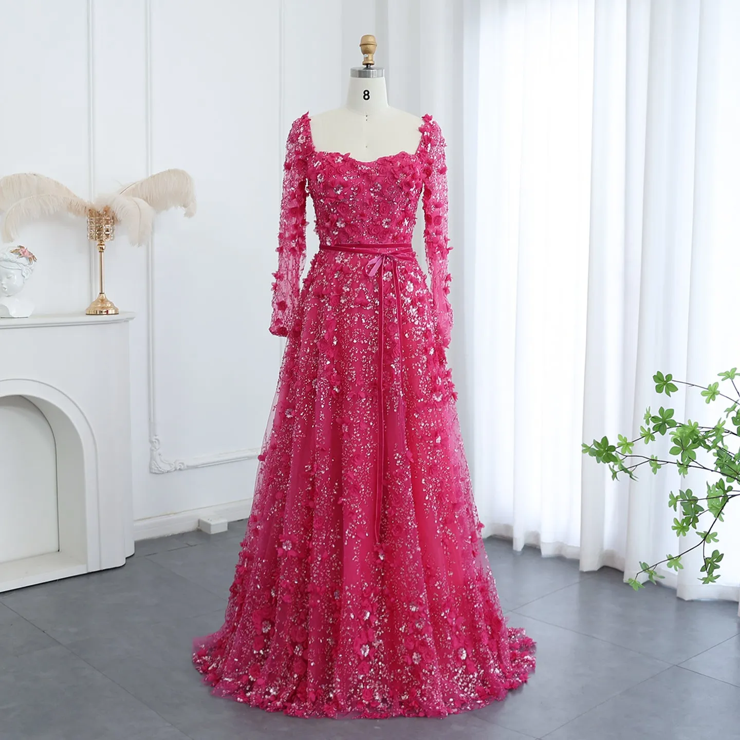 Luxury 3D Flower Gray Long Sleeves Evening Dress SS353