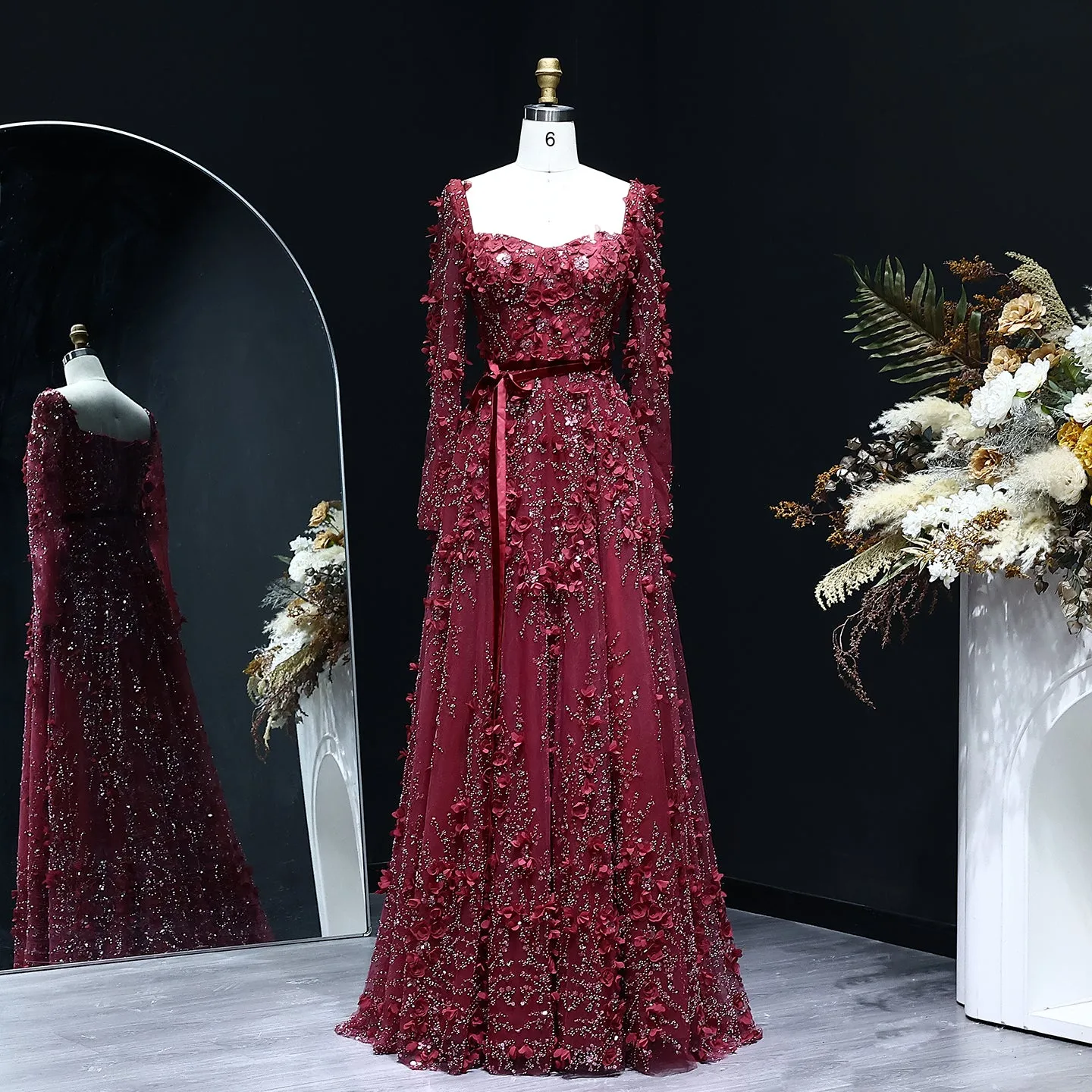 Luxury 3D Flower Gray Long Sleeves Evening Dress SS353