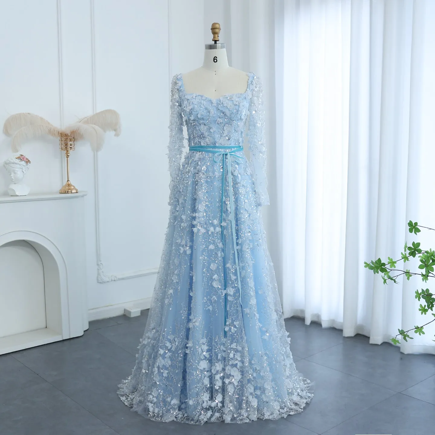 Luxury 3D Flower Gray Long Sleeves Evening Dress SS353
