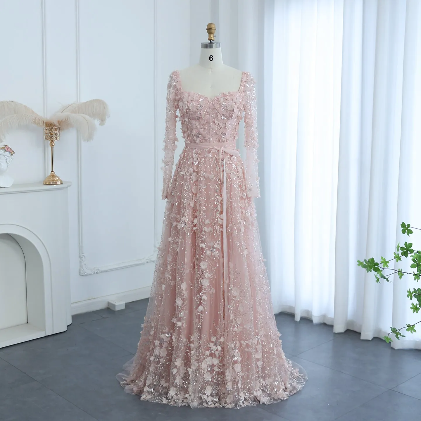 Luxury 3D Flower Gray Long Sleeves Evening Dress SS353
