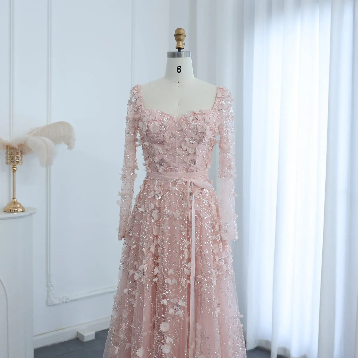 Luxury 3D Flower Gray Long Sleeves Evening Dress SS353