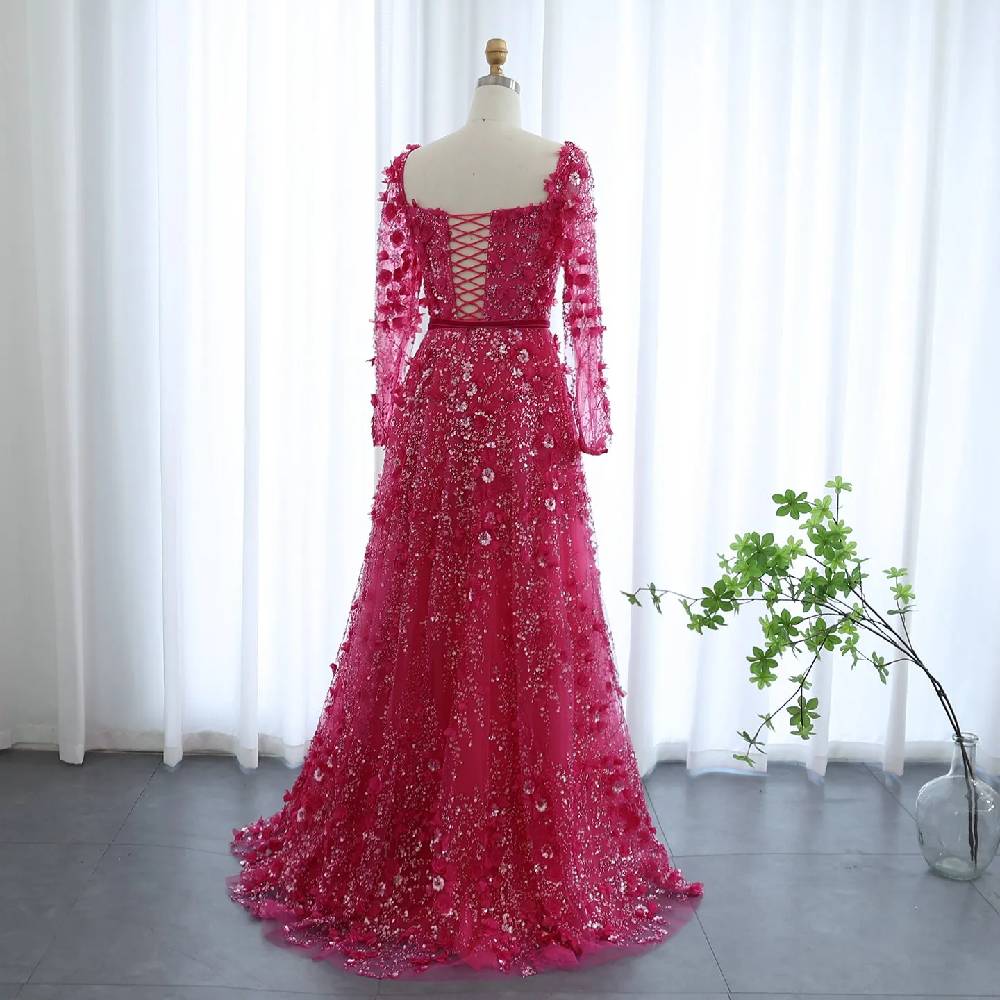 Luxury 3D Flower Gray Long Sleeves Evening Dress SS353