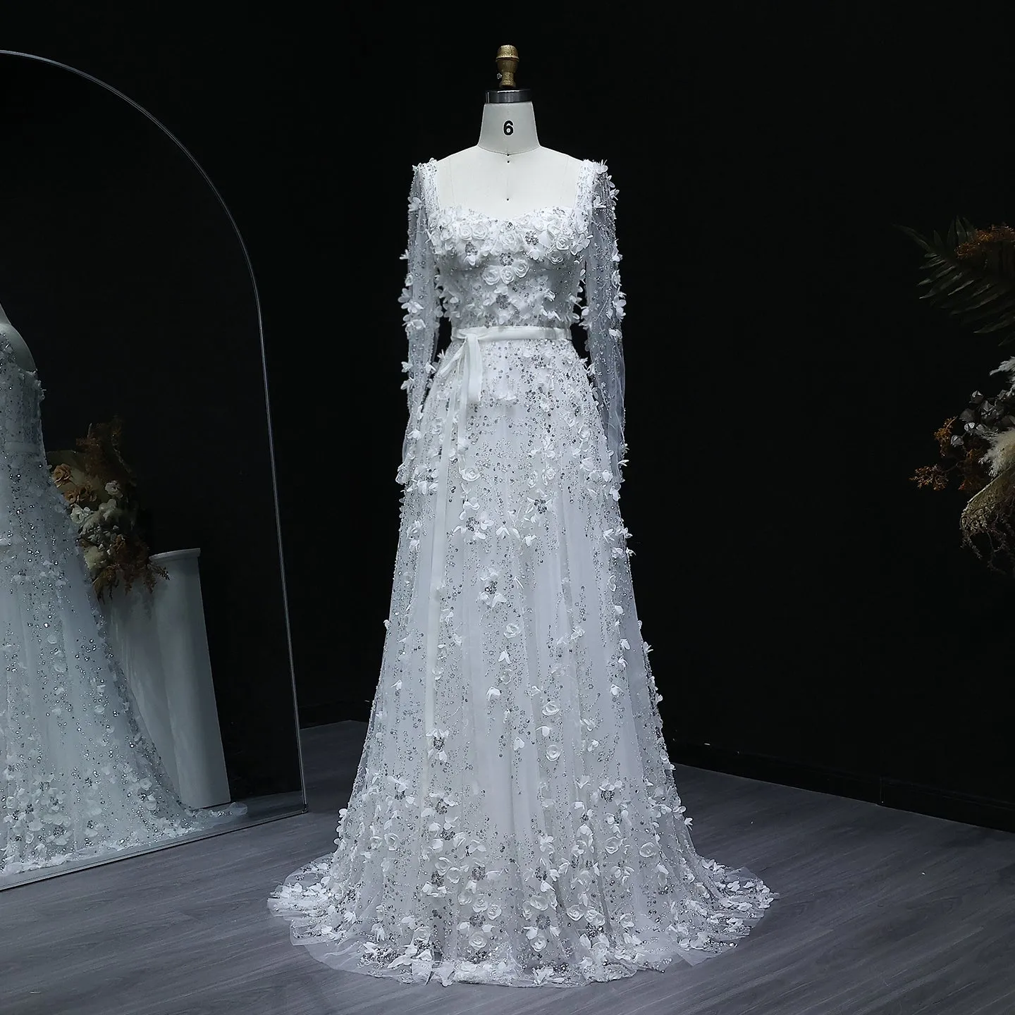 Luxury 3D Flower Gray Long Sleeves Evening Dress SS353