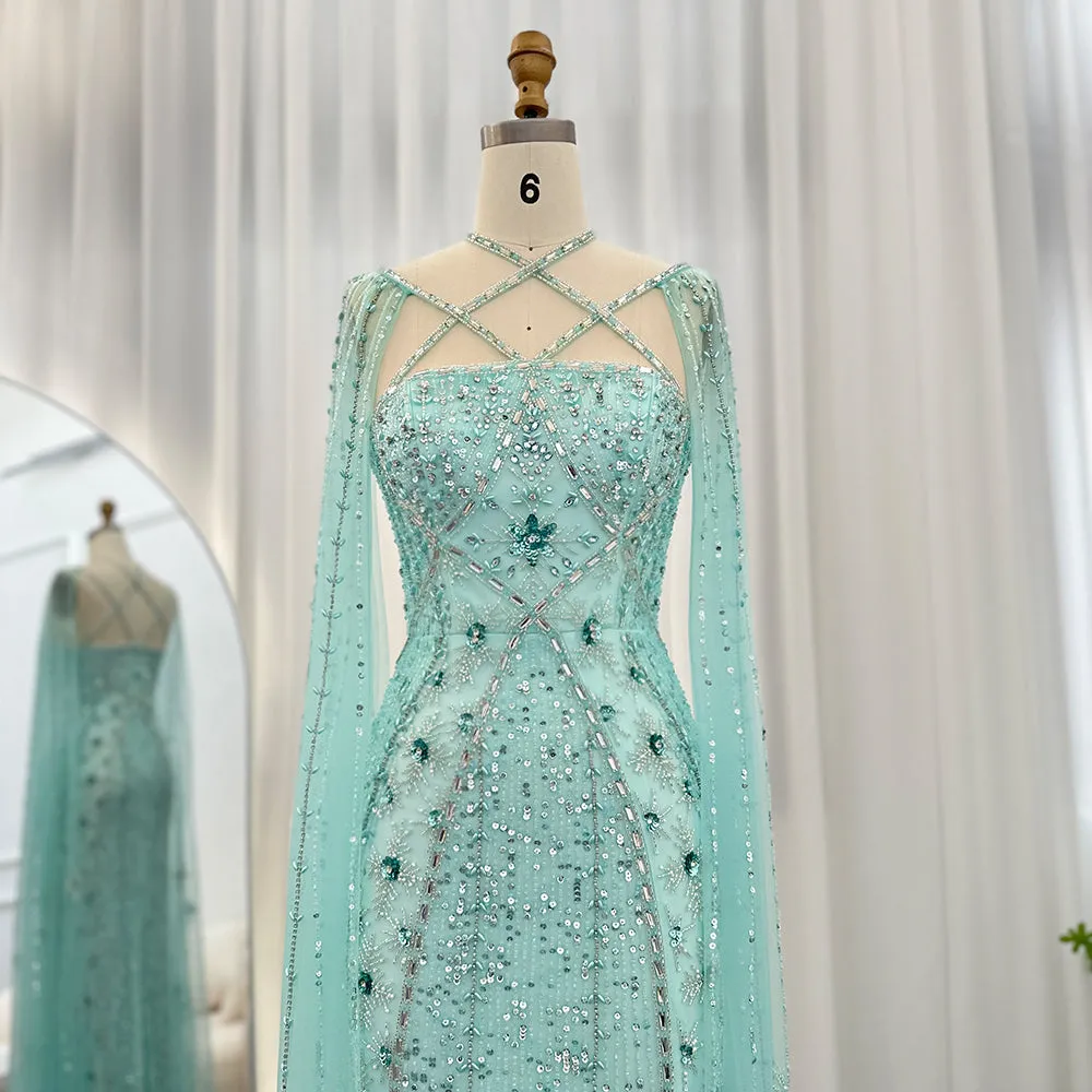 Luxury Aqua Crisscross Evening Dress with Cape Sleeves SS391