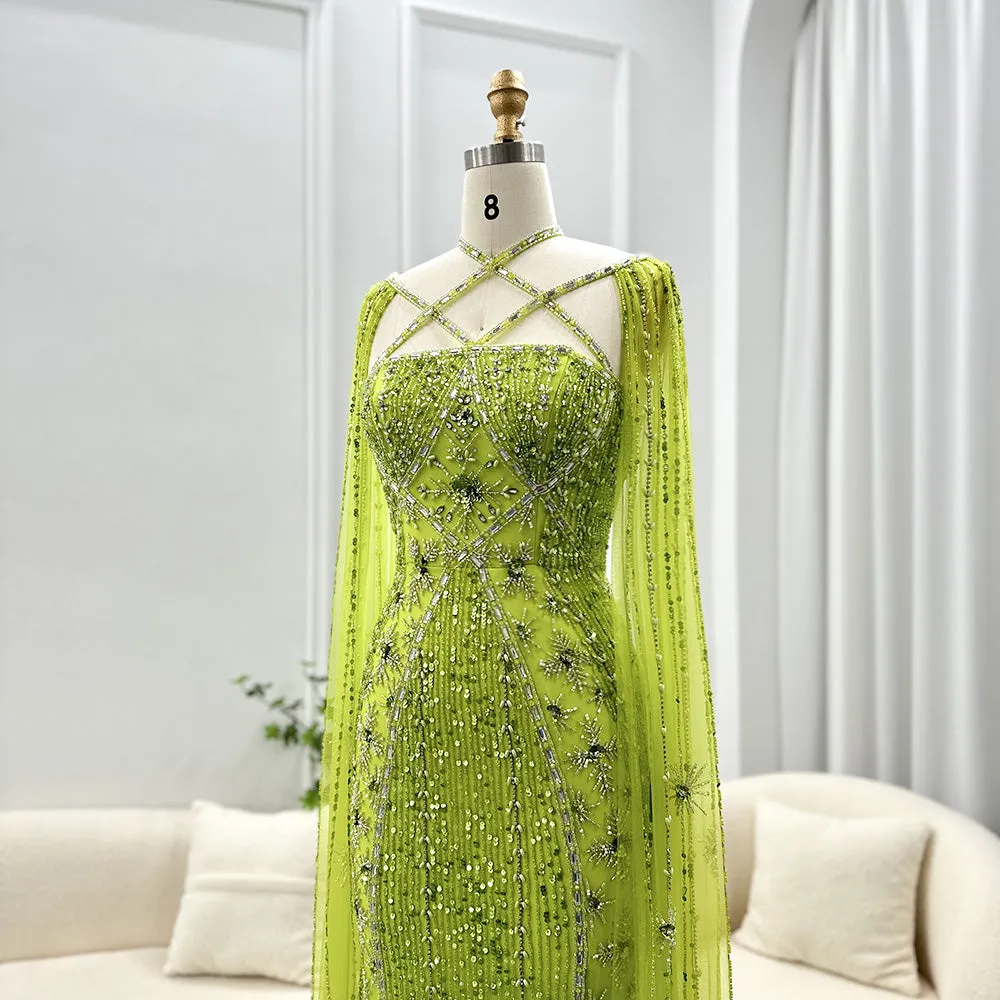 Luxury Aqua Crisscross Evening Dress with Cape Sleeves SS391