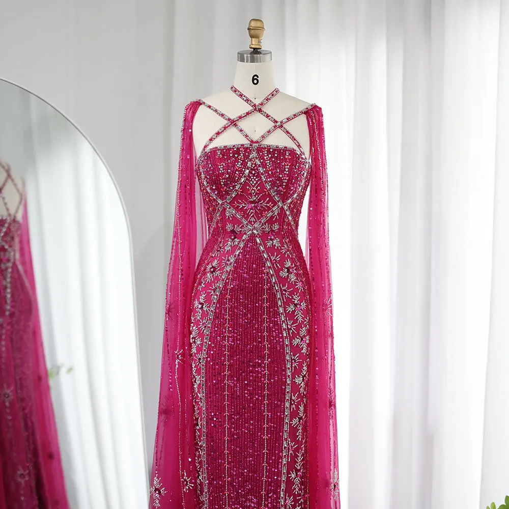 Luxury Aqua Crisscross Evening Dress with Cape Sleeves SS391