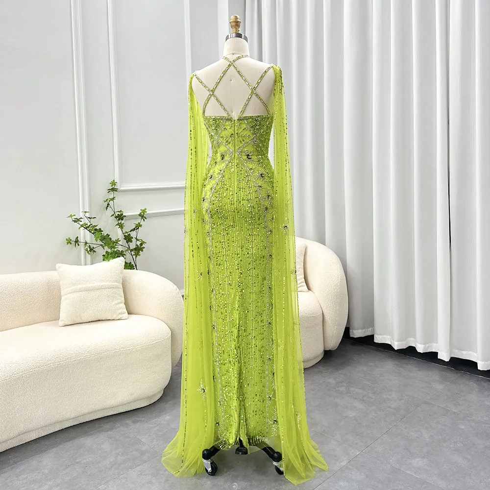 Luxury Aqua Crisscross Evening Dress with Cape Sleeves SS391