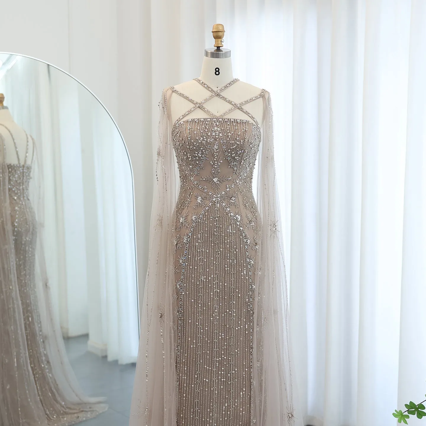 Luxury Aqua Crisscross Evening Dress with Cape Sleeves SS391