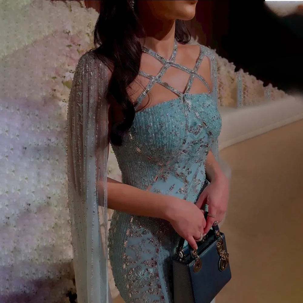 Luxury Aqua Crisscross Evening Dress with Cape Sleeves SS391