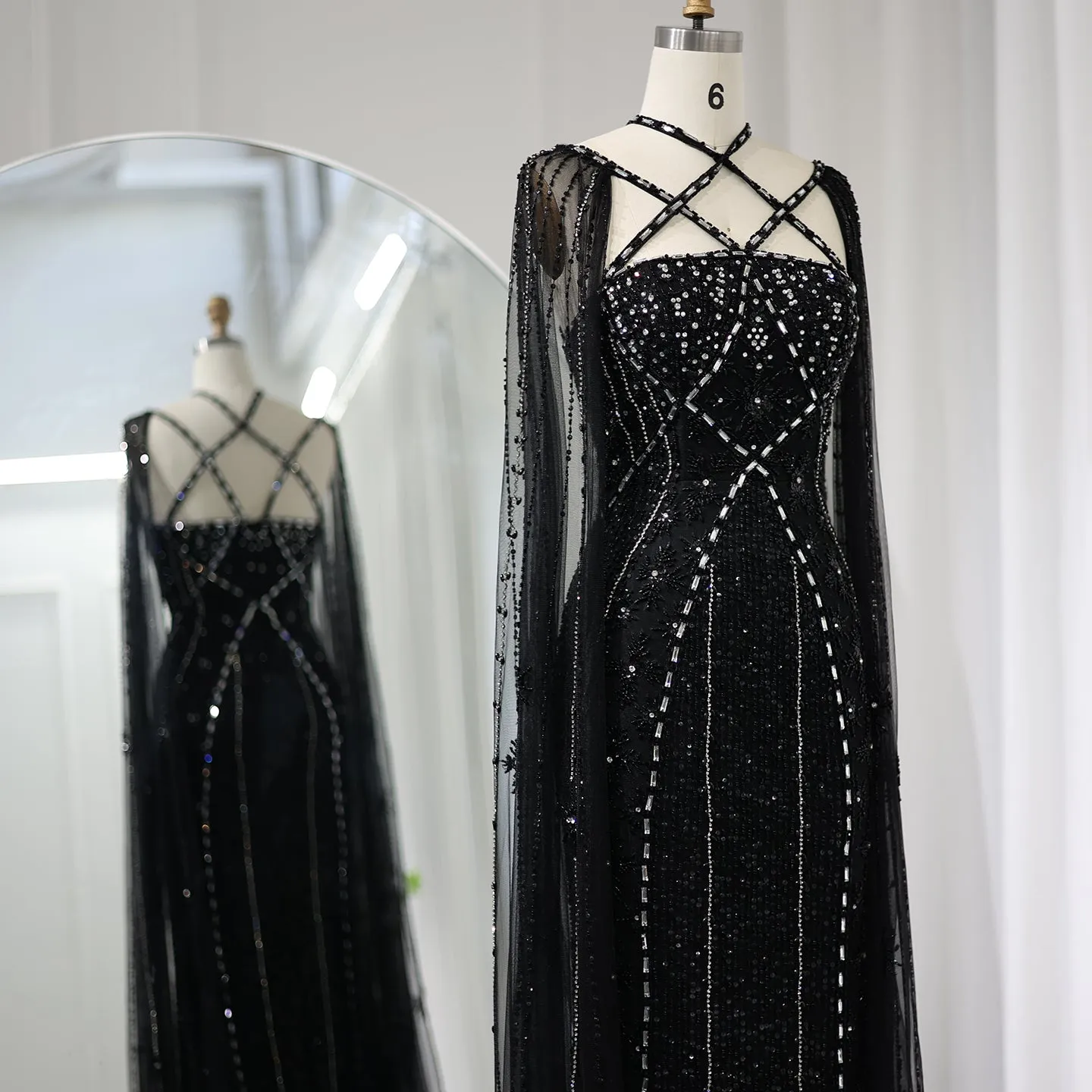 Luxury Aqua Crisscross Evening Dress with Cape Sleeves SS391