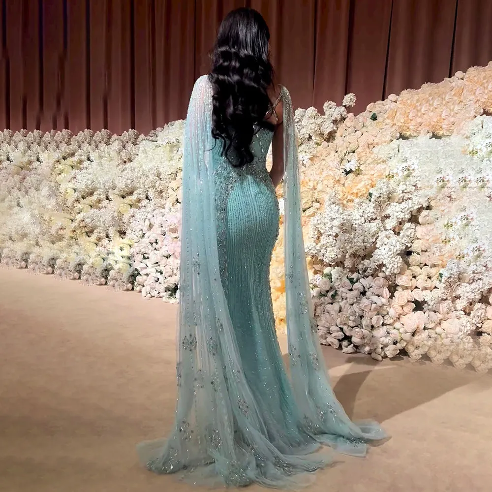 Luxury Aqua Crisscross Evening Dress with Cape Sleeves SS391
