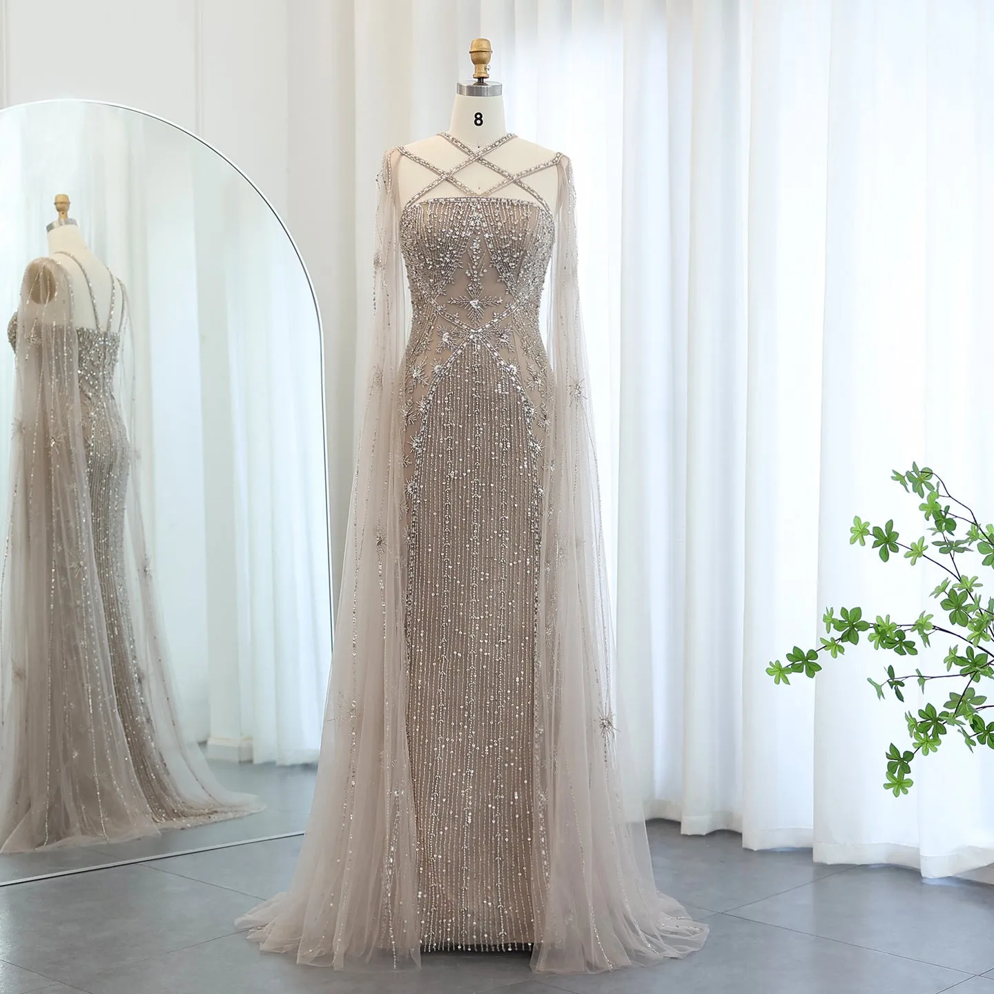 Luxury Aqua Crisscross Evening Dress with Cape Sleeves SS391