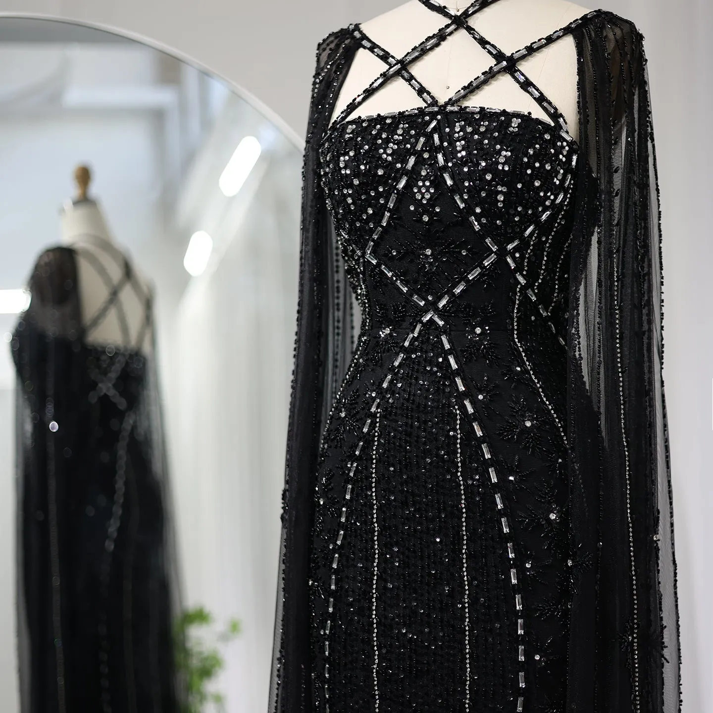 Luxury Aqua Crisscross Evening Dress with Cape Sleeves SS391