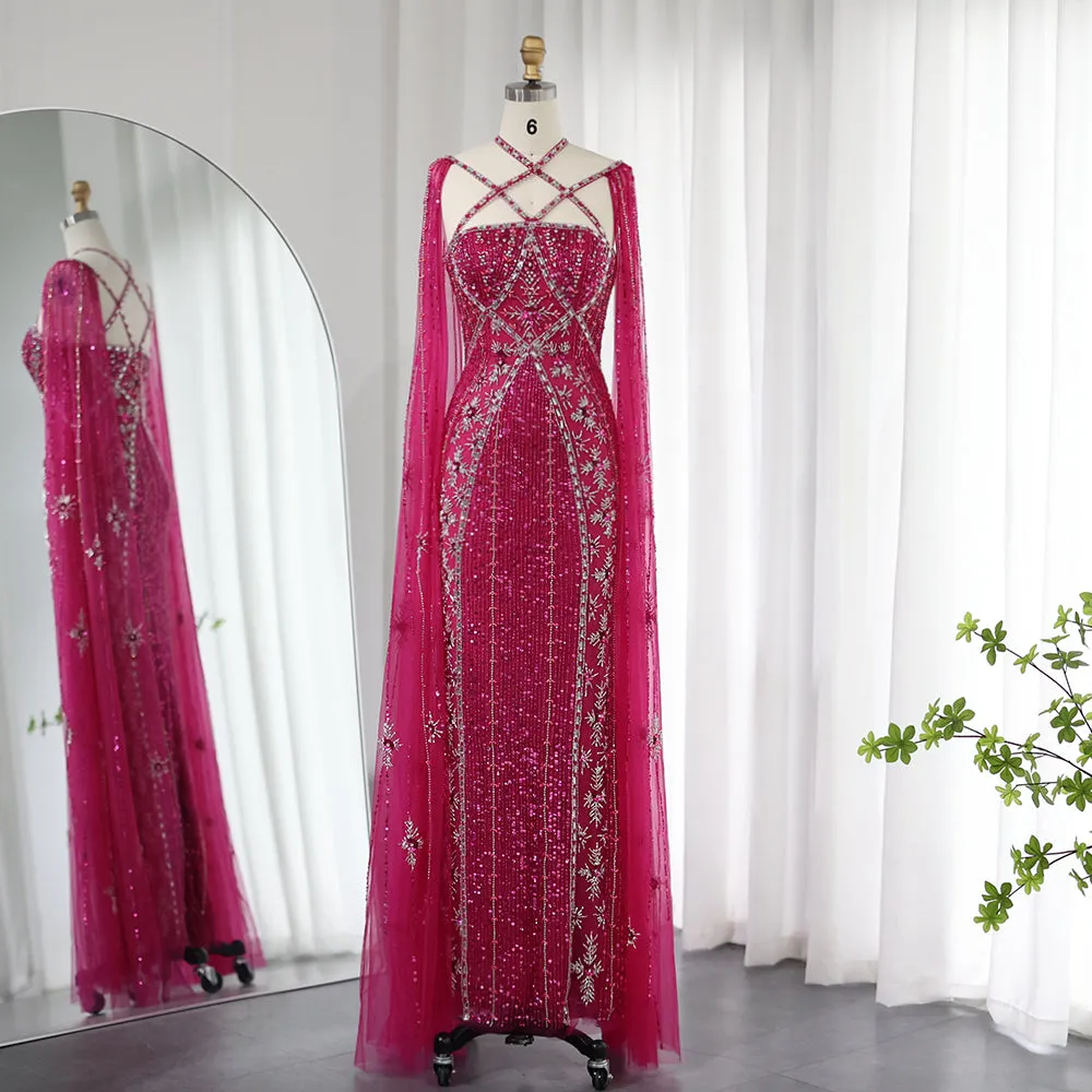 Luxury Aqua Crisscross Evening Dress with Cape Sleeves SS391