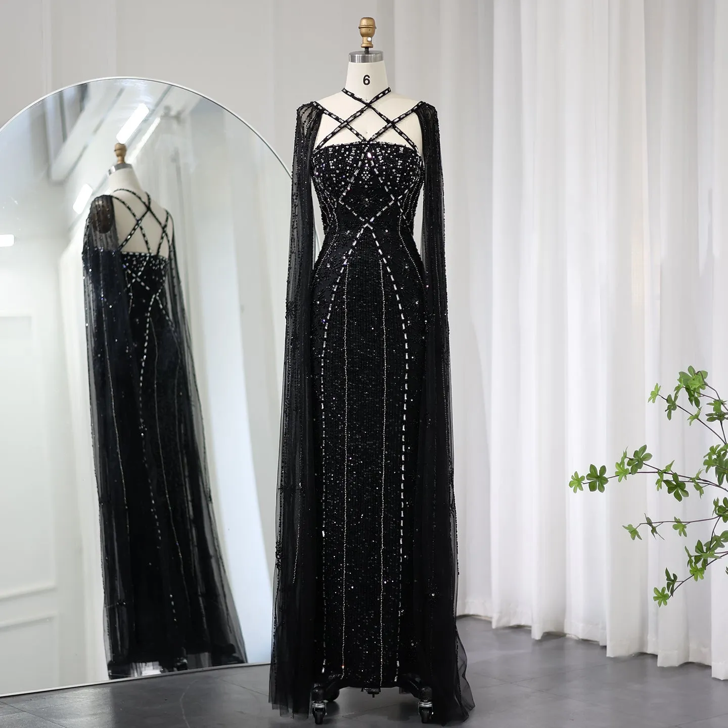Luxury Aqua Crisscross Evening Dress with Cape Sleeves SS391