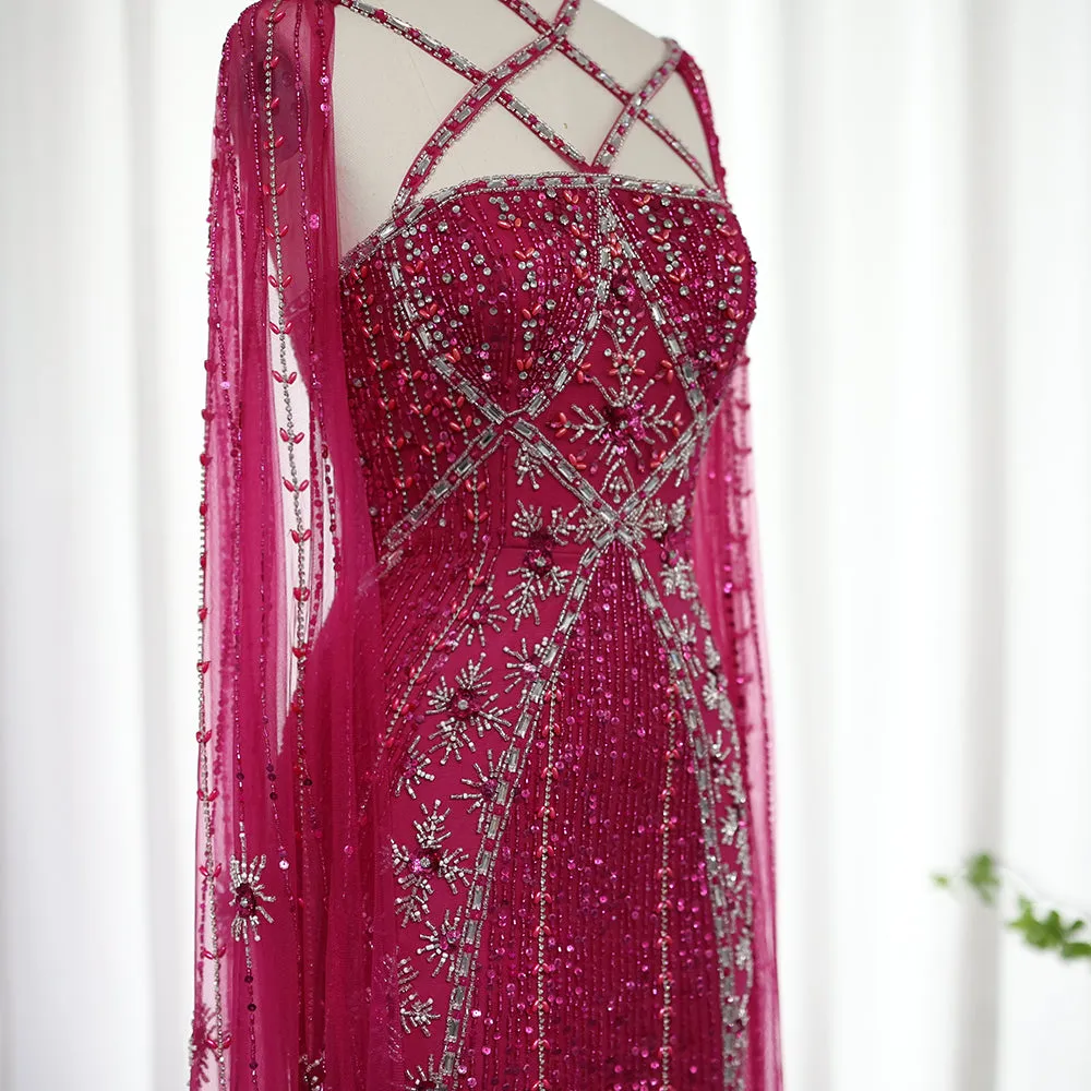Luxury Aqua Crisscross Evening Dress with Cape Sleeves SS391