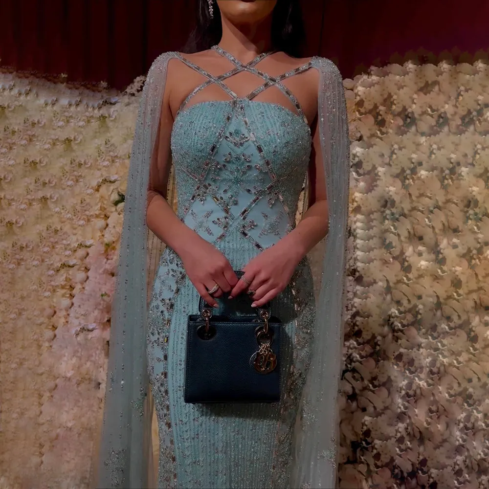 Luxury Aqua Crisscross Evening Dress with Cape Sleeves SS391