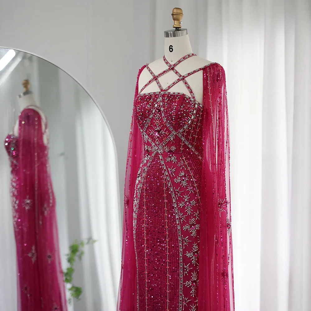 Luxury Aqua Crisscross Evening Dress with Cape Sleeves SS391